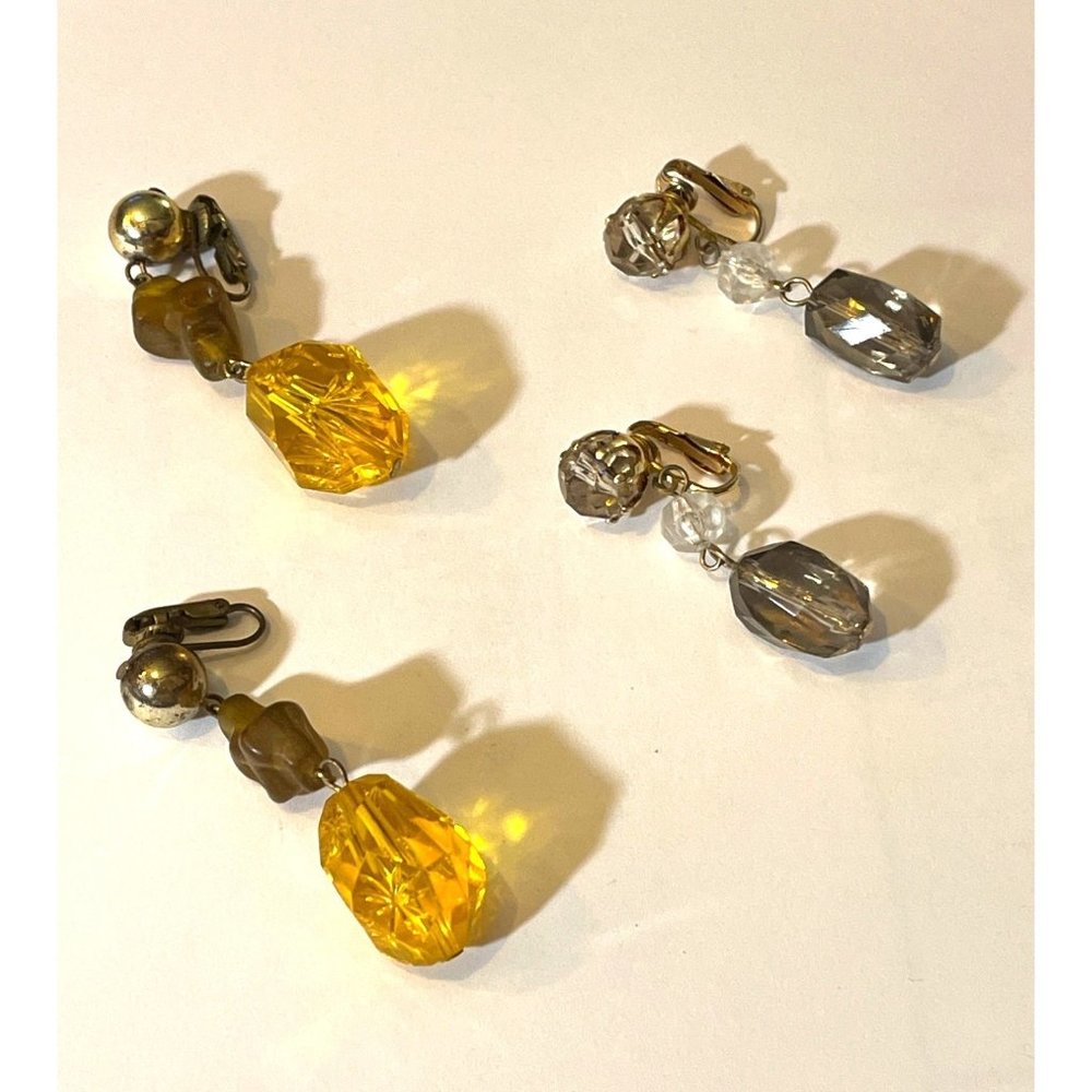 Two Pair Bundle Vintage Lucite Clip Earrings Gold Silver Colored Retro Jewelry